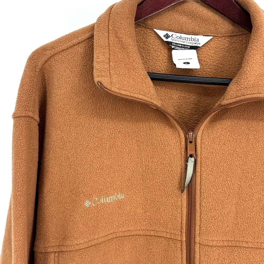 Columbia Fleece Jacket Mens Large Brown Embroidery Full‎ Zip Pockets Vintage